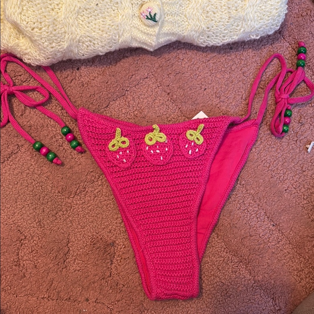 Pink Crochet Bikini Bottom with Beaded Ties